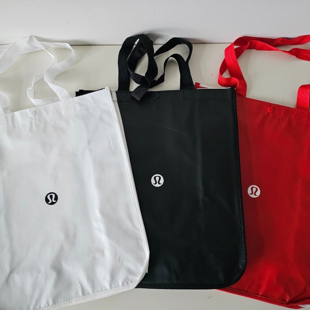SOLD! 3xNew LULULEMON 1 Black, 1 Red, 1 White LOGO Reusable Shopping Bags Large